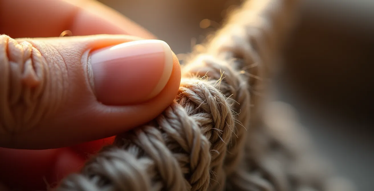 Vue macro d'une maille de pull testée entre les doigts