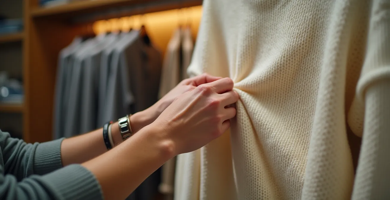 Mains vérifiant les finitions d'un pull en maille